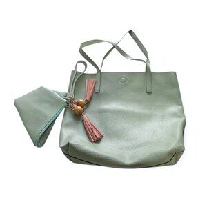 Vegan Leather Tote Bag with Triangle Pouch.  Blue/Seafoam